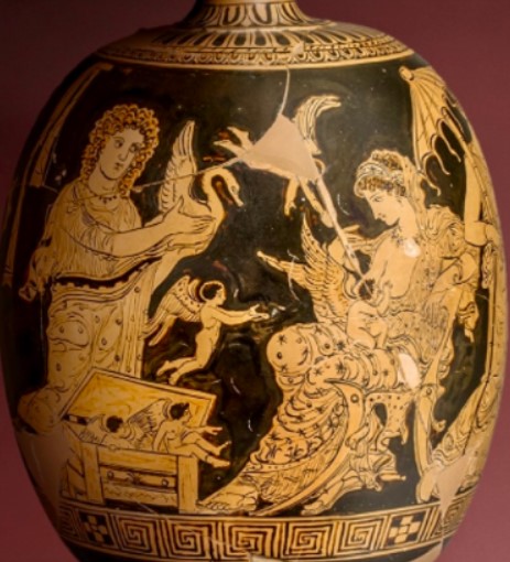 Lekythos attico a figure rosse, Afrodite nutre Eros allattandolo al seno, IV se. a.C.