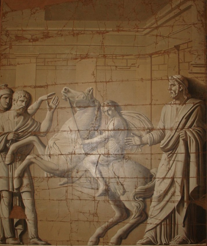 Alejandro domestica a Bucéfalo. Pintura de L. Angelini del modelo del siglo XIX del bajorrelieve sobre la puerta del Palacio Real de Caserta - Caserta IT