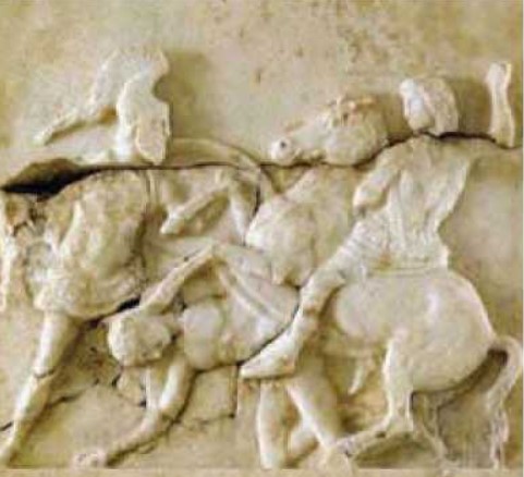 Alessandro alla battaglia di Cheronea, a destra, combatte contro un tebano. Rilievo da una stele funeraria