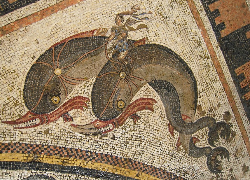 Eros che cavalca i delfini. Mosaico pavimentale fine II secolo AC – Isola di Delos, Cicladi GR