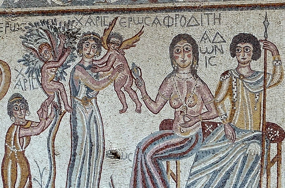 Eros punito da Afrodite, mosaico parietale VI secolo d.C. - Madaba, Giordania