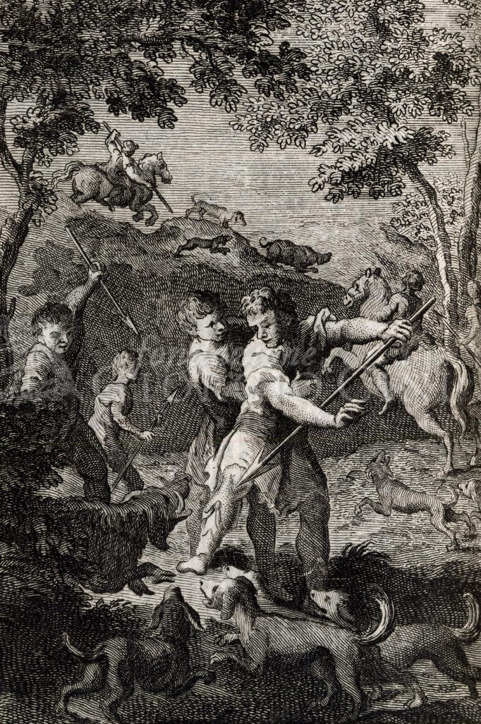 Odysseus wounded by a wild boar on Mount Parnassus. Engraving 1785 – ITM Venice IT