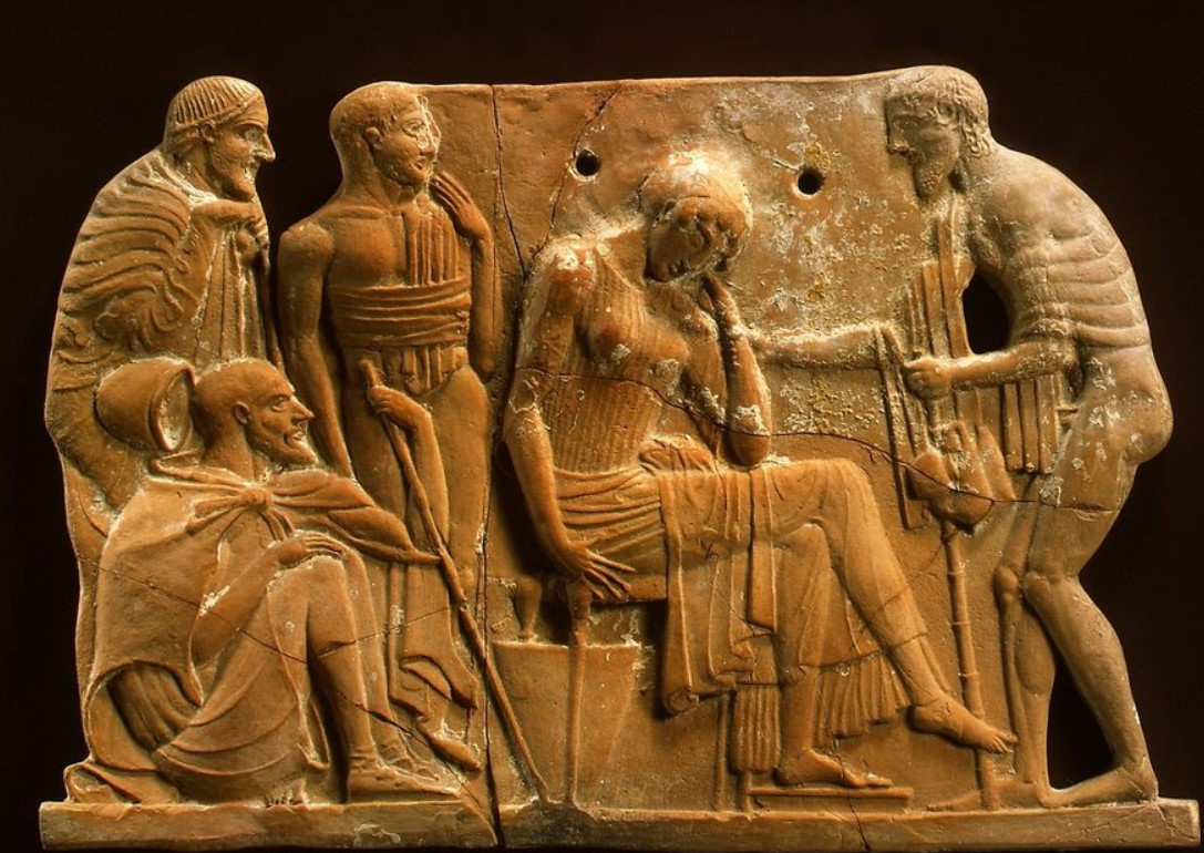 Ulisse si mostra a Penelope travestito da mendicante. Terracotta di Melian ca 450 BC – Metropolitan Museum, New York USA