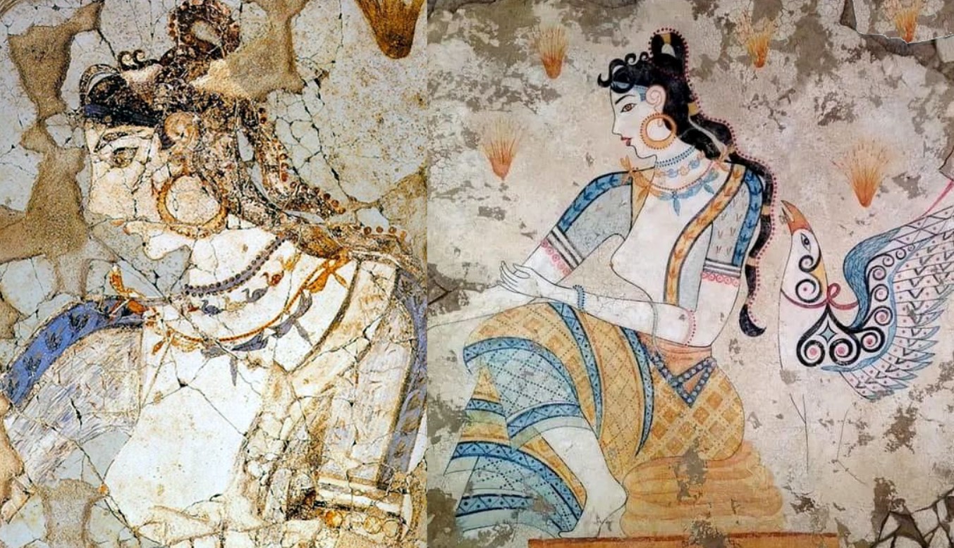 La dea degli animali raappresentata in un campo di zafferano, 1) al vero, 2) disegno - XVII sec a.C. Akrotiri, Isola di Thera G