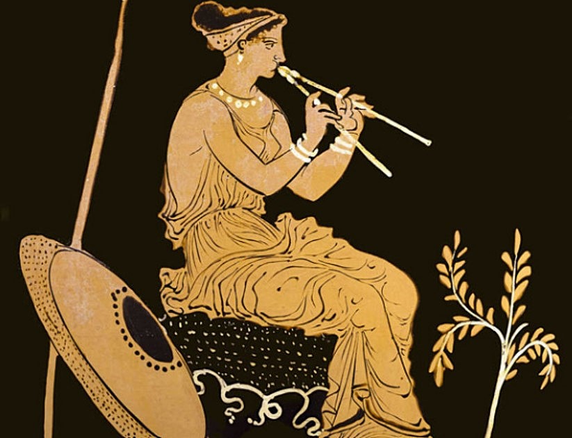 Athena mentre suona il doppio Aulo, vaso apulo a figure rosse IV secolo a.C. - Museo Archeologico di Firenze IT