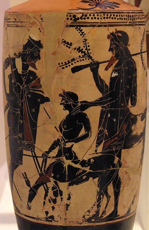 Peleus entrusts Achilles to Chiron. Black-figure lekythos from Eretria, 500 BC. - National Archaeological Museum of Athens G.