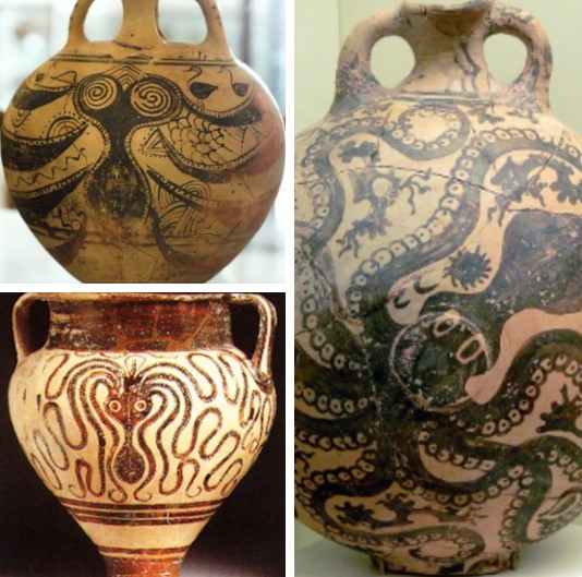 1.Vaso arte micenea con rappresenrazione di polpo, XII secolo a.c da Naxos- 2. Brocchetta di Gurnià, XVI secolo a.c da Paleocastro-Creta- 3. Cratere proveniente da Rodi XV secolo a.C., British Museum Londra