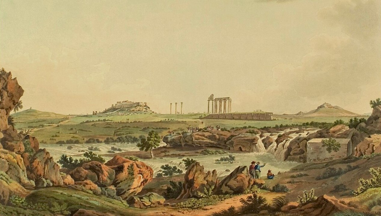 Fiume Ilisso e tempio di Giove Olimpio in Atene. Edward Dodwell, 1821