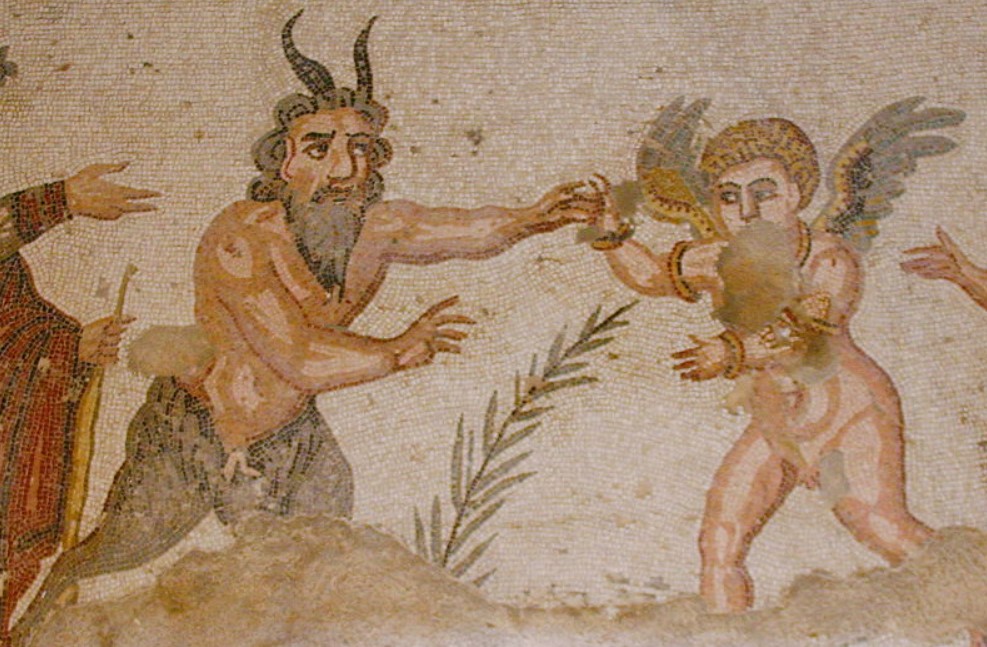 Pan e Eros, mosaico pavimentale del vestibolo della Villa del Casale, III secolo d.C. - Piazza Armerina, Enna IT