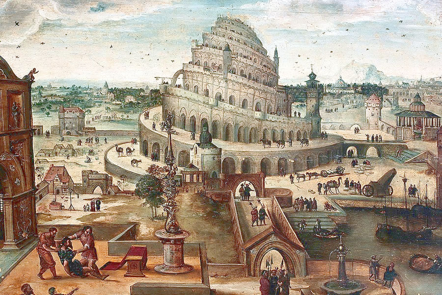 Torre di Babele, dipinto attribuito a Abel Grimmer, XVI secolo – Collezione Privata